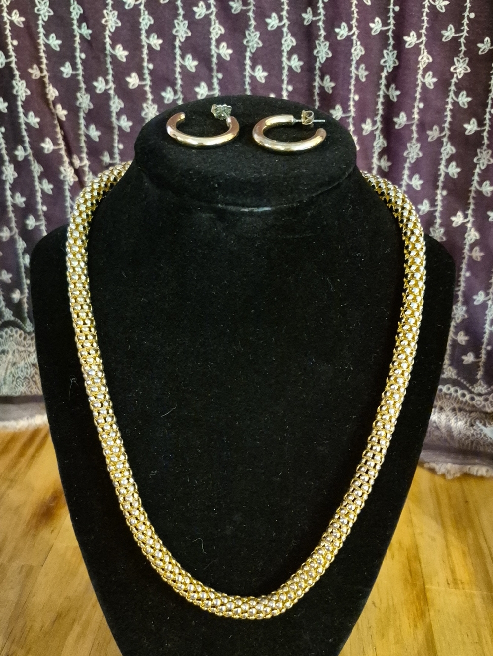 Gold-Tone Woven Chain Necklace and Hoop Earrings Set